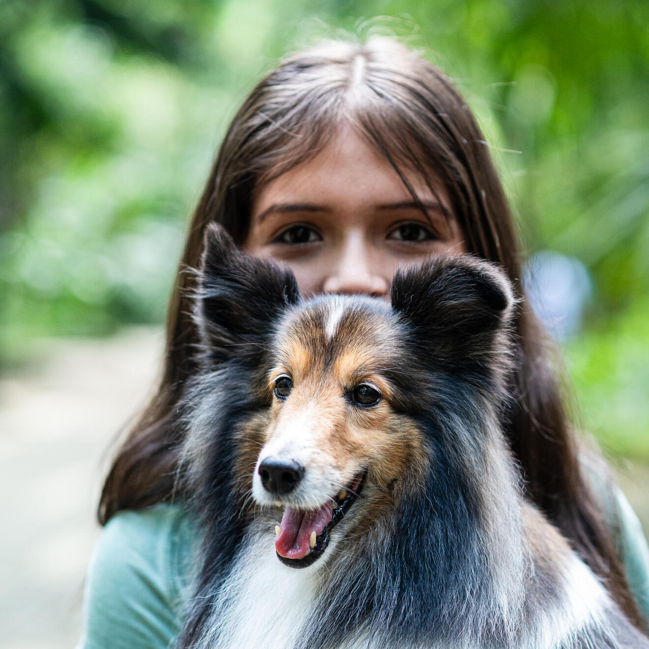 Close-up portrait of a dog with expressive eyes looking directly at the camera.